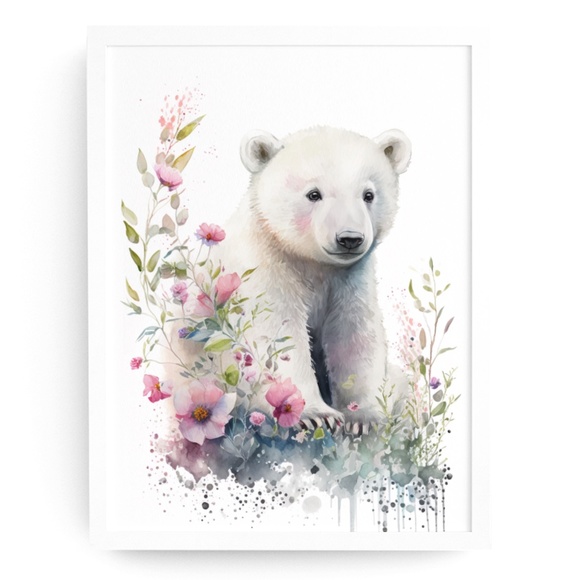 Floral Polar Bear Watercolor Wall Art Illustration Print Poster Unframed - Picture 3 of 8